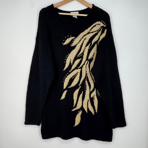 Eminent Womens Medium Pullover Sweater Tunic Black Gold Metallic Silk Angora - Picture 1 of 9